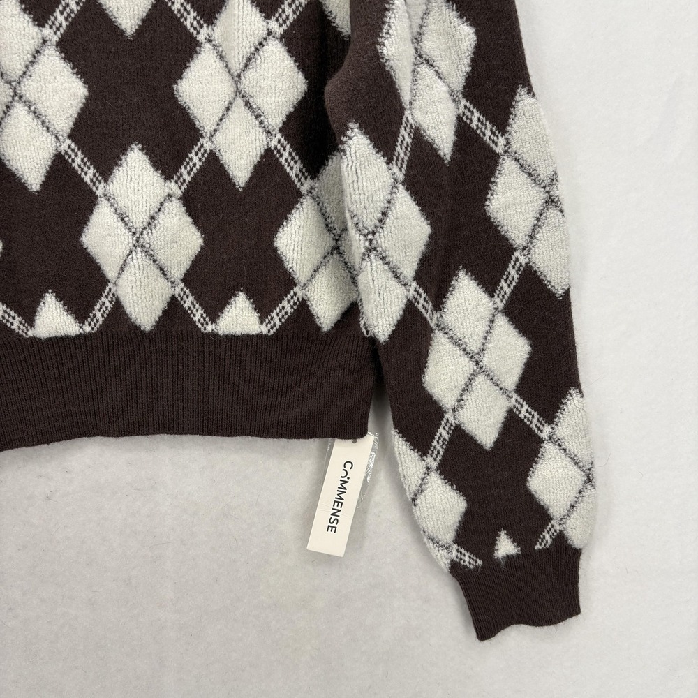 COMMENSE Sweater Womens Medium Brown Argyle Collared Knit Pullover Preppy Polo - Picture 3 of 12